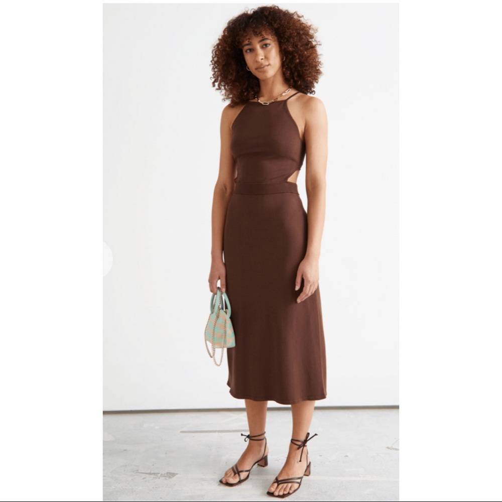 & Other Stories knitted cut out sides midi dress in dark brown - XS